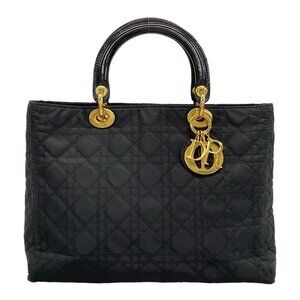 Auth DIOR/ChristianDior Lady Dior Large Bag Black Nylon Leather Handbag